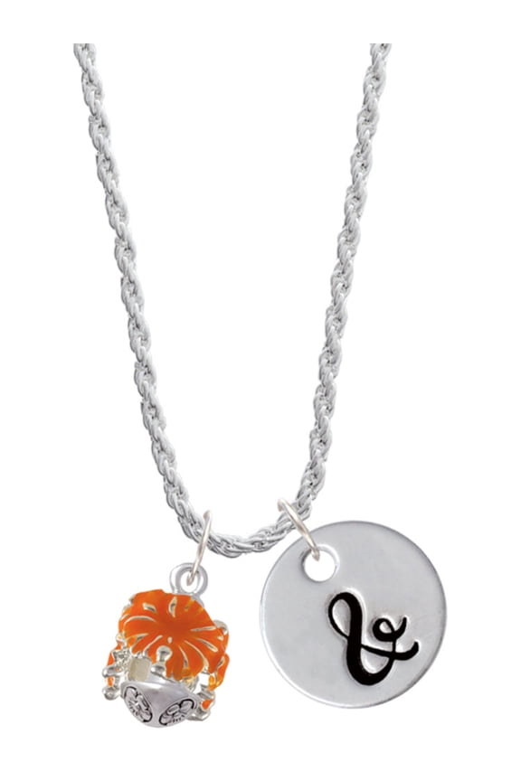 Hot Orange Hibiscus Flowers Spinner Silvertone Script Initial Disc - & - Charm Necklace, 20"+3"