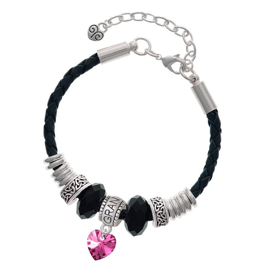 Delight Jewelry Hot Pink Crystal Heart Grandmother Celtic Knot Leather Bead Bracelet, 7"+2" Extender