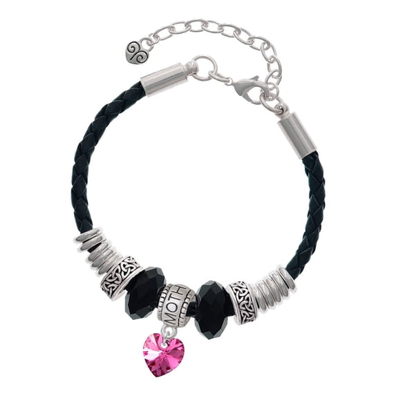 Delight Jewelry Hot Pink Crystal Heart Mother Celtic Knot Leather Bead Bracelet, 7"+2" Extender