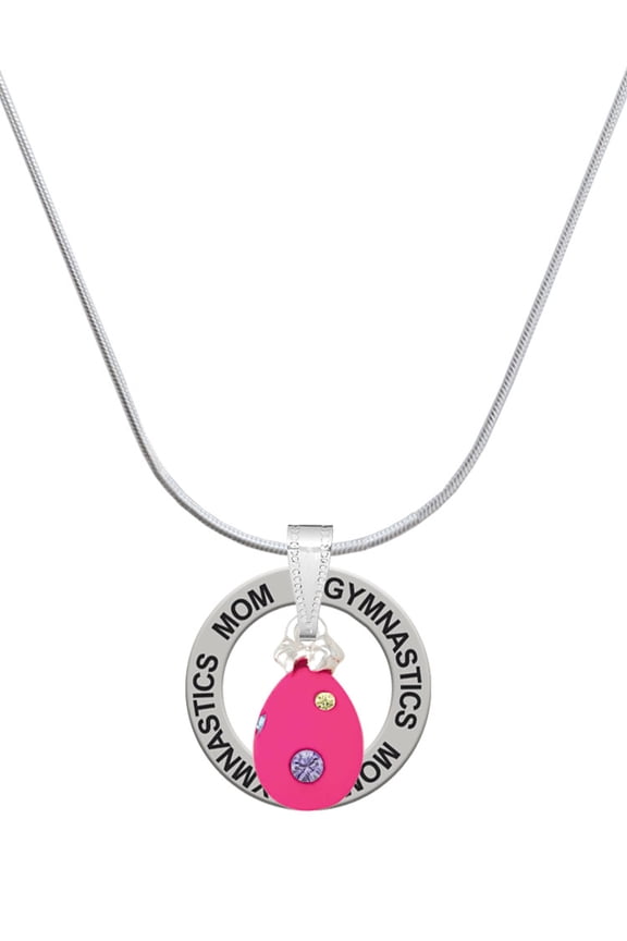 Hot Pink Easter Egg with Color Crystal Dots Gymnastics Mom Ring Charm Necklace, 18"