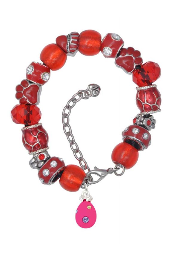 Hot Pink Easter Egg with Color Crystal Dots Red Paw Print Bead Bracelet, 7"+2"