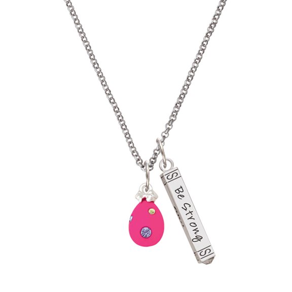 Delight Jewelry Hot Pink Easter Egg with Color Crystal Dots Silvertone Be Strong and Courageous Bar Charm Necklace, 23"