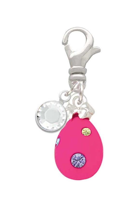 Hot Pink Easter Egg with Color Crystal Dots - Silvertone Clip on Charm with Clear Crystal Drop
