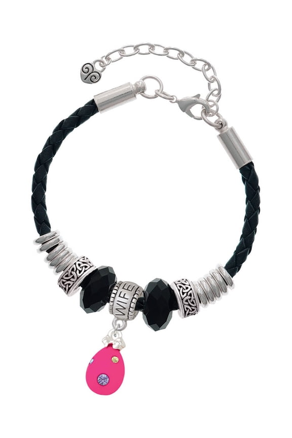 Hot Pink Easter Egg with Color Crystal Dots Wife Celtic Knot Leather Bead Bracelet, 7"+2" Extender
