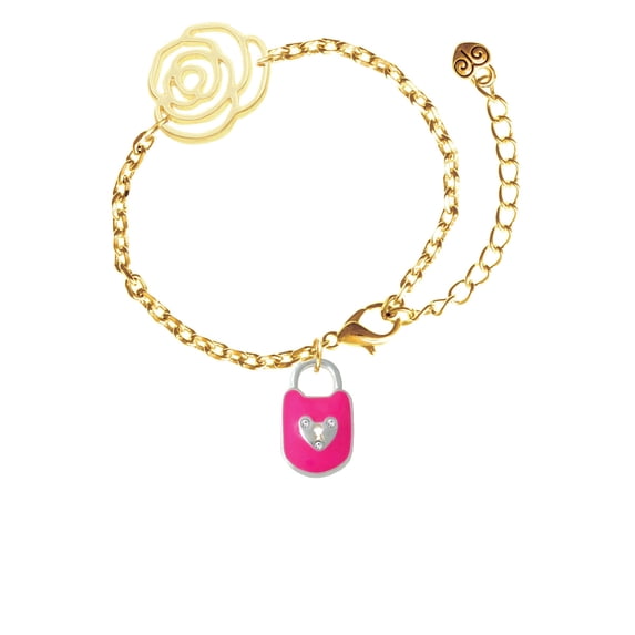 Delight Jewelry Hot Pink Enamel Lock with Clear Crystals Gold-tone Flower Link Chain Bracelet, 6.75"+2" Extender