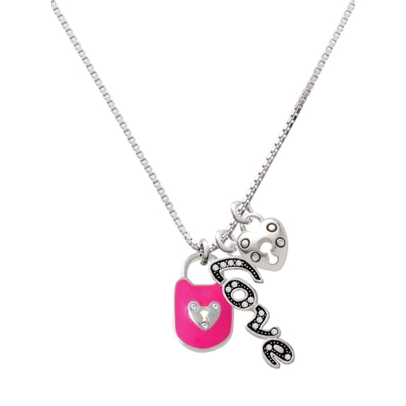 Delight Jewelry Hot Pink Enamel Lock with Clear Crystals - Love and Lock Charm Necklace, 18"+1"