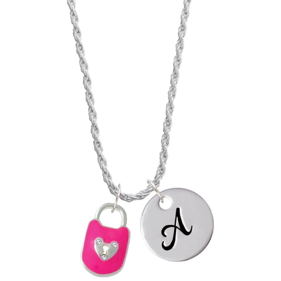 Delight Jewelry Hot Pink Enamel Lock with Clear Crystals Silvertone Script Initial Disc - A - Charm Necklace, 20"+3"
