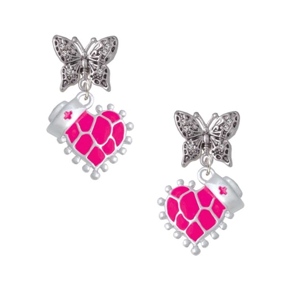 Delight Jewelry Hot Pink Giraffe Print Heart with Nurse Hat Silvertone Antiqued Butterfly Post Earrings