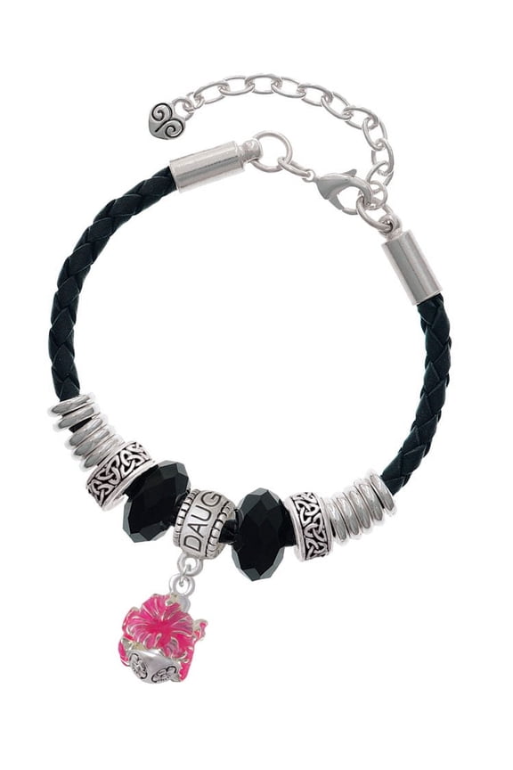 Hot Pink Hibiscus Flowers Spinner Daughter Celtic Knot Leather Bead Bracelet, 7"+2" Extender