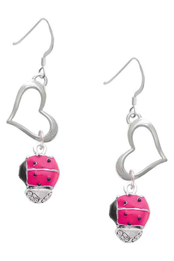 Hot Pink Ladybug Spinner Open Heart French Earrings