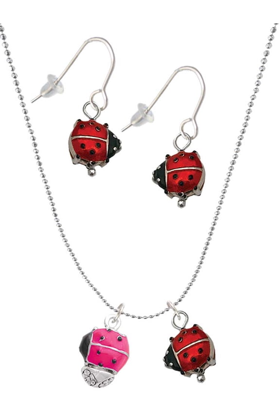 Hot Pink Ladybug Spinner Red Lucky Ladybug Necklace and Dangle Earrings Set