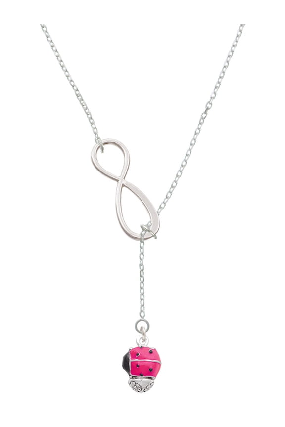 Hot Pink Ladybug Spinner Silver tone Elegant Infinity Lariat Necklace
