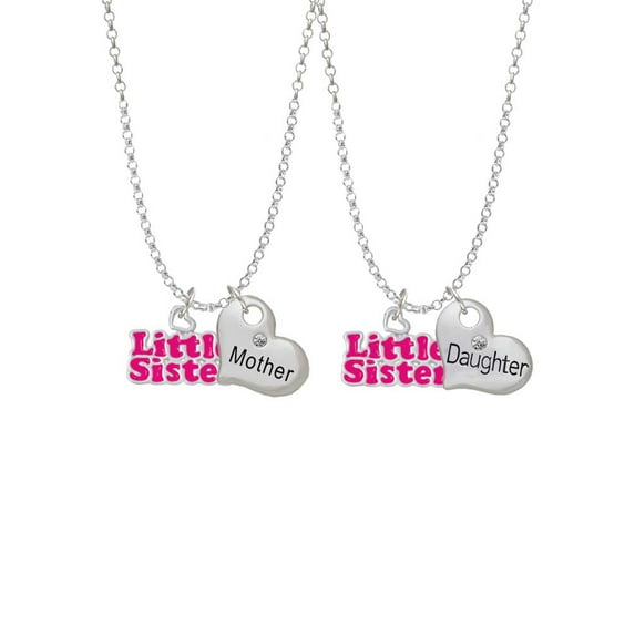 Delight Jewelry Hot Pink ''Little Sister'' with Heart Mother & Daughter Heart Necklaces (Set of 2), 19"+2"