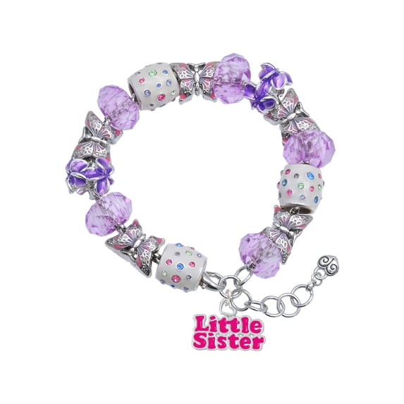Delight Jewelry Hot Pink ''Little Sister'' with Heart Purple Butterfly Bead Charm Bracelet, 7"+1" Extender