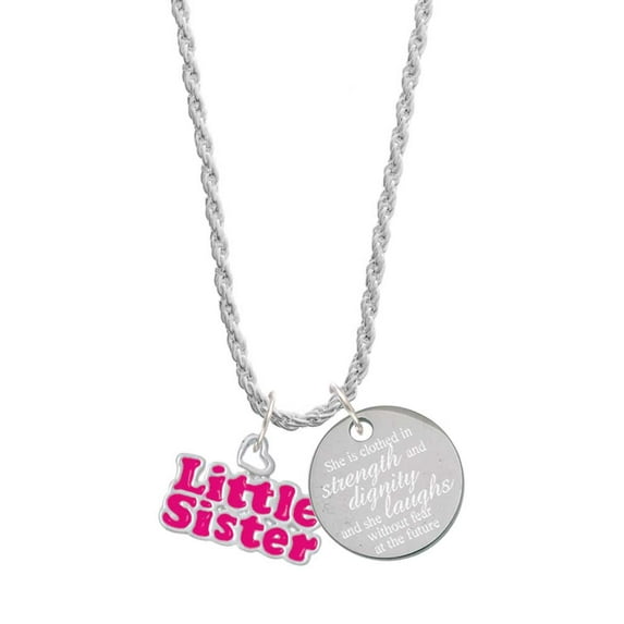 Delight Jewelry Hot Pink ''Little Sister'' with Heart She is Clothed in Stength and Dignity Charm Necklace, 20"+3"