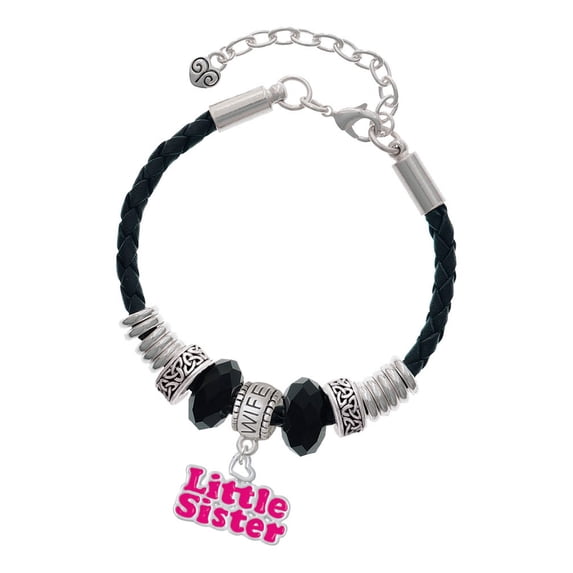 Delight Jewelry Hot Pink ''Little Sister'' with Heart Wife Celtic Knot Leather Bead Bracelet, 7"+2" Extender