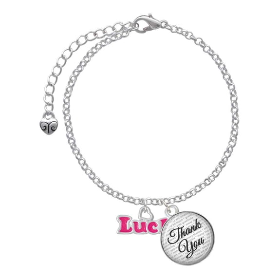Delight Jewelry Hot Pink ''Luck'' with Heart - Domed Thank You Charm Bracelet, 6"+2"