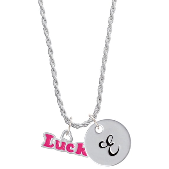 Delight Jewelry Hot Pink ''Luck'' with Heart Silvertone Script Initial Disc - E - Charm Necklace, 20"+3"
