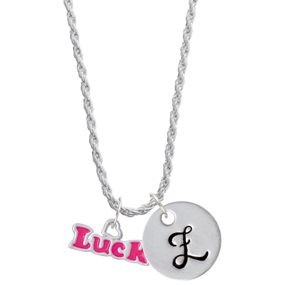 Delight Jewelry Hot Pink ''Luck'' with Heart Silvertone Script Initial Disc - Z - Charm Necklace, 20"+3"
