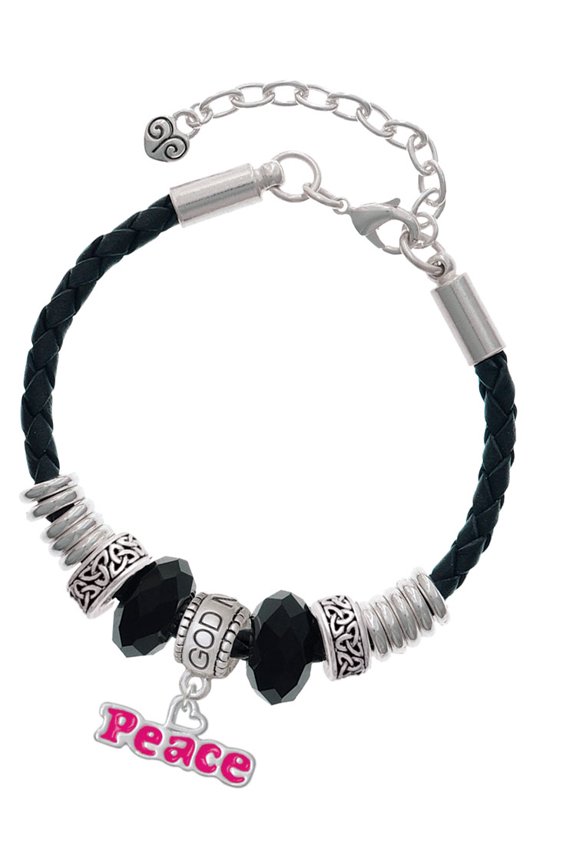 Hot Pink ''Peace'' with Heart Godmother Celtic Knot Leather Bead Bracelet, 7"+2" Extender