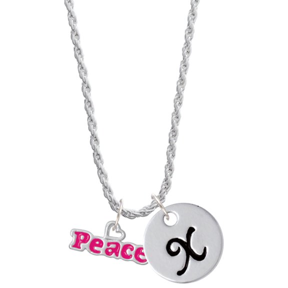 Delight Jewelry Hot Pink ''Peace'' with Heart Silvertone Script Initial Disc - X - Charm Necklace, 20"+3"