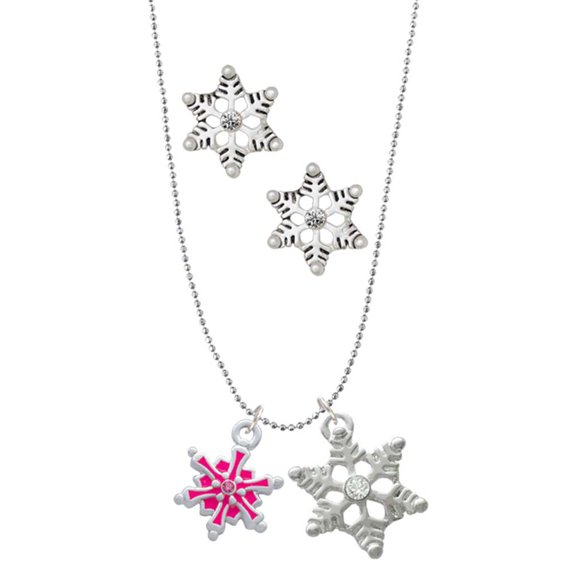 Delight Jewelry Hot Pink Snowflake with Hot Pink Crystal Silver tone Snowflake Charm Necklace and Stud Earrings