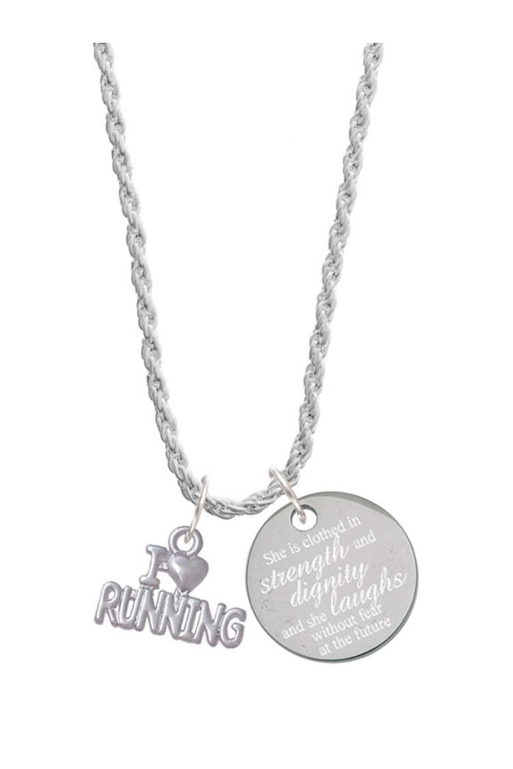I 'Heart' Running She is Clothed in Stength and Dignity Charm Necklace, 20"+3"