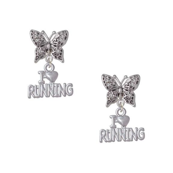 Delight Jewelry I 'Heart' Running Silvertone Antiqued Butterfly Post Earrings