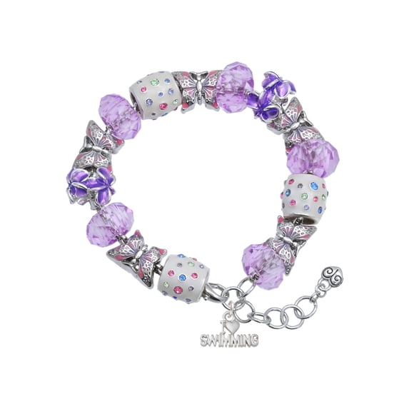 Delight Jewelry I Heart Swimming Purple Butterfly Bead Charm Bracelet, 7"+1" Extender