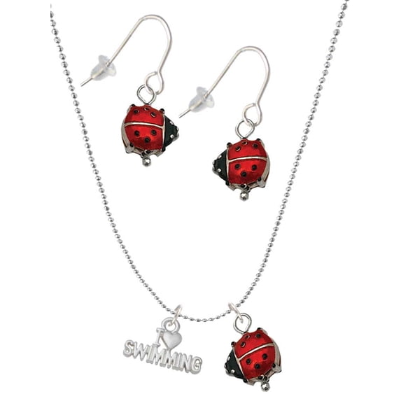 Delight Jewelry I Heart Swimming Red Lucky Ladybug Necklace and Dangle Earrings Set