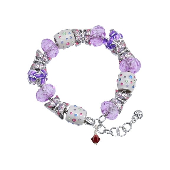 Delight Jewelry January - Maroon Crystal Bicone Purple Butterfly Bead Charm Bracelet, 7"+1" Extender