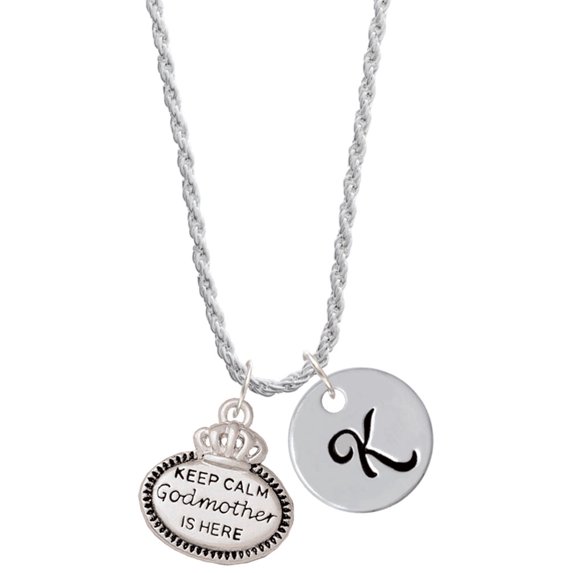 Delight Jewelry Keep Calm Godmother is Here Silvertone Script Initial Disc - K - Charm Necklace, 20"+3"