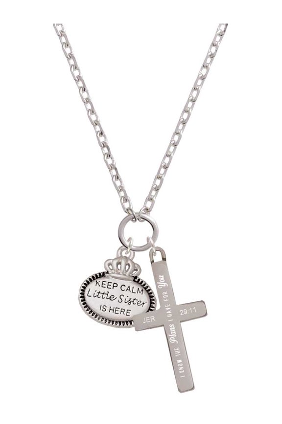 Keep Calm Little Sister is Here I Have Plans for You Engraved Cross Zoey Necklace, 28"