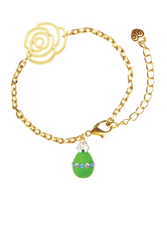 Lime Green Easter Egg with Color Crystal Band Gold-tone Flower Link Chain Bracelet, 6.75"+2" Extender