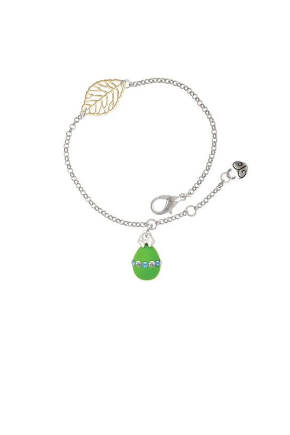 Lime Green Easter Egg with Color Crystal Band - Goldtone Leaf Delicate Bracelet, 6.25+1.75"