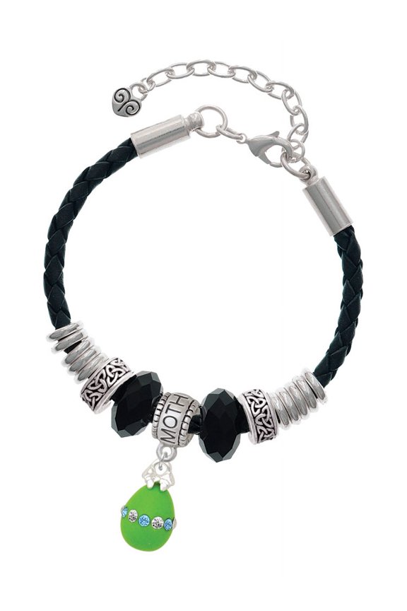 Lime Green Easter Egg with Color Crystal Band Mother Celtic Knot Leather Bead Bracelet, 7"+2" Extender