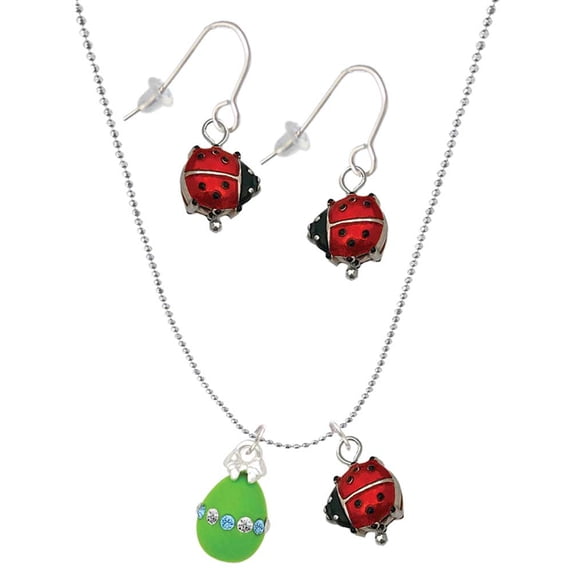 Delight Jewelry Lime Green Easter Egg with Color Crystal Band Red Lucky Ladybug Necklace and Dangle Earrings Set