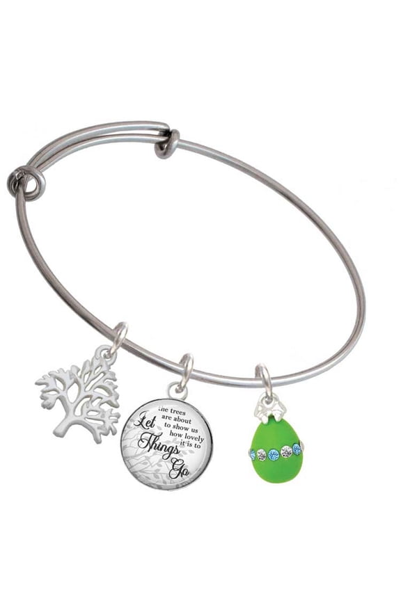 Lime Green Easter Egg with Color Crystal Band Silvertone Let Things Go Tree Charm Bangle Bracelet