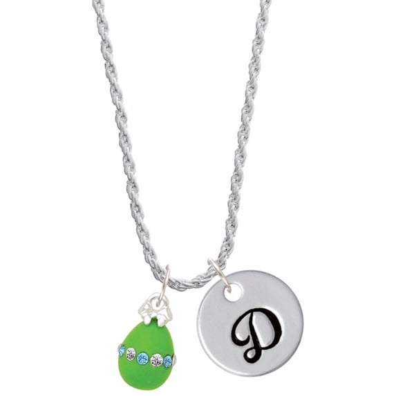 Delight Jewelry Lime Green Easter Egg with Color Crystal Band Silvertone Script Initial Disc - D - Charm Necklace, 20"+3"