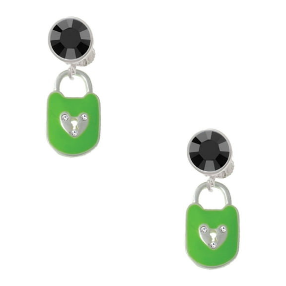 Delight Jewelry Lime Green Enamel Lock with Clear Crystals Black Crystal Clip on Earrings