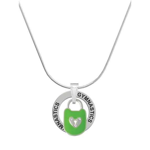 Delight Jewelry Lime Green Enamel Lock with Clear Crystals Gymnastics Ring Charm Necklace, 18"