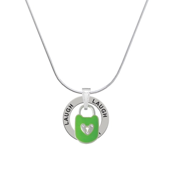 Delight Jewelry Lime Green Enamel Lock with Clear Crystals Laugh Ring Charm Necklace, 18"