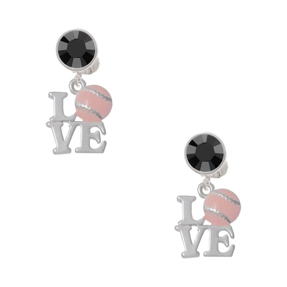 Delight Jewelry Love with Pink Softball Black Crystal Clip on Earrings