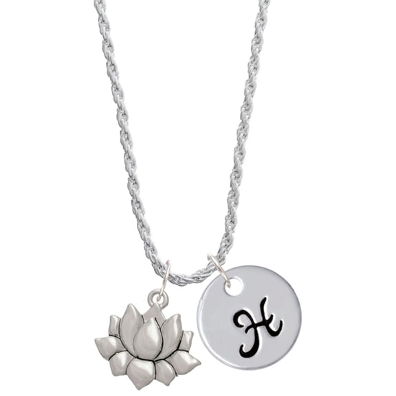 Delight Jewelry Medium Lotus Flower Silvertone Script Initial Disc - H - Charm Necklace, 20"+3"
