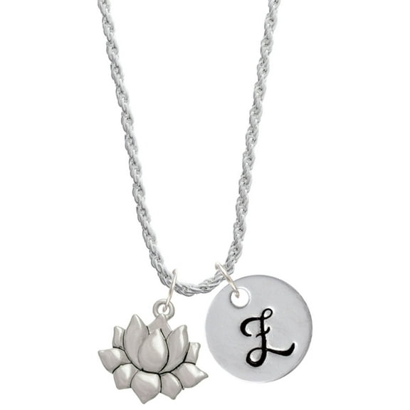Delight Jewelry Medium Lotus Flower Silvertone Script Initial Disc - Z - Charm Necklace, 20"+3"