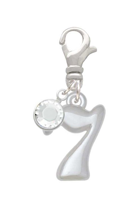 Medium Lucky 7 - Silvertone Clip on Charm with Clear Crystal Drop
