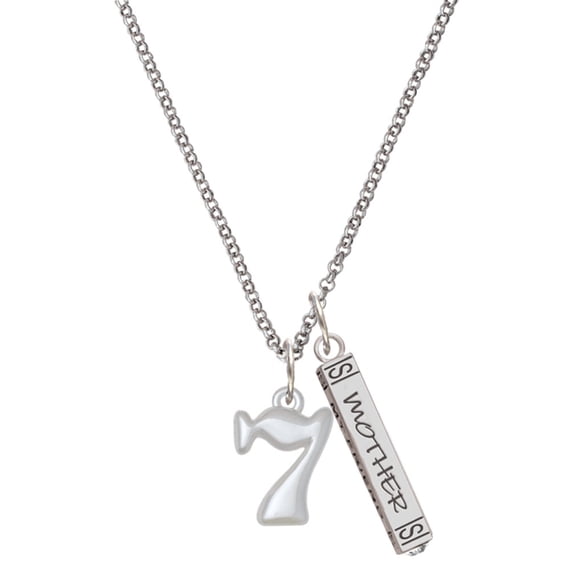 Delight Jewelry Medium Lucky 7 Silvertone Mother Daughter Bar Charm Necklace, 23"