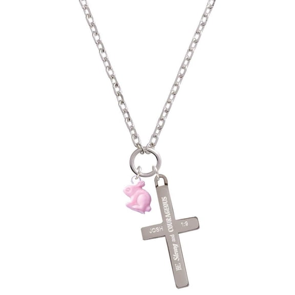 Delight Jewelry Mini Pink Bunny Be Strong and Courageous Engraved Cross Zoey Necklace, 28"