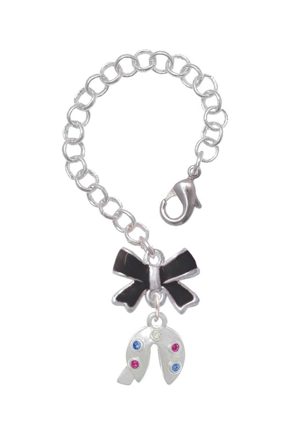 Multicolored Crystal Fortune Cookie - Silvertone Black Bow Charm Accessory for Tumblers and Thermal Cups