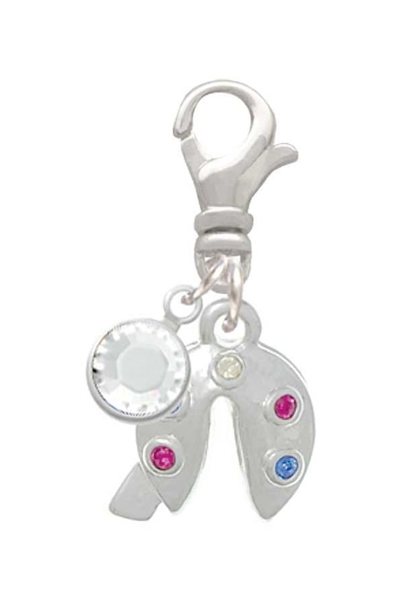 Multicolored Crystal Fortune Cookie - Silvertone Clip on Charm with Clear Crystal Drop